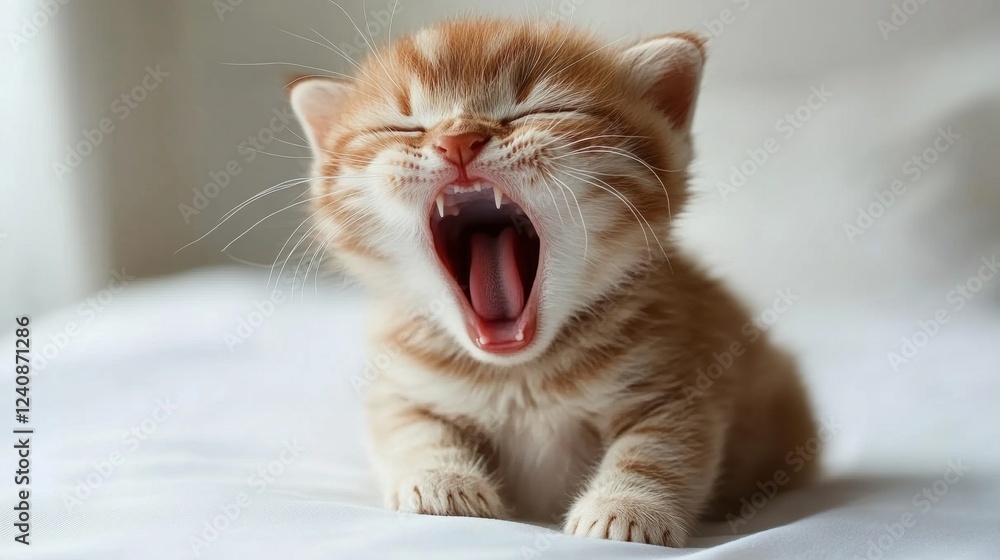 Naklejka premium Cute Ginger Kitten Yawning with Playful Expression on Soft Blanket