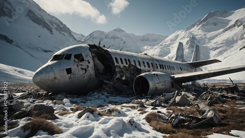 Crashed Boeing airplane wreckage in a remote area surrounded by mountains photo