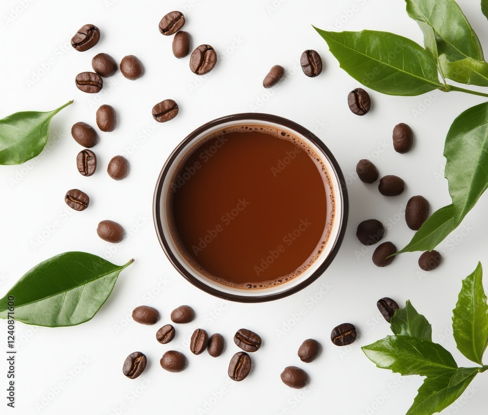 Obraz premium A beautifully designed coffee cup on a saucer with beans and leaves