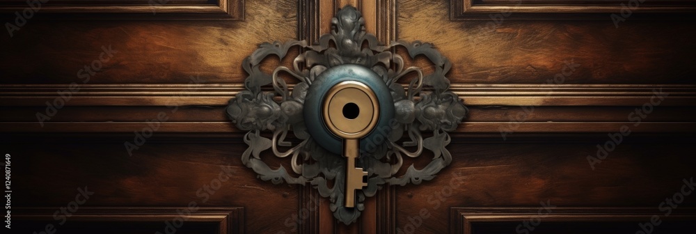 Close-up View of an Intricately Designed Antique Keyhole in a Refined Wooden Door Highlighting Security and Master Key Concept Close-up View of an Intricately Designed Antique Keyhole in a Refined Wooden Door Highlighting Security and Master Key Concept
