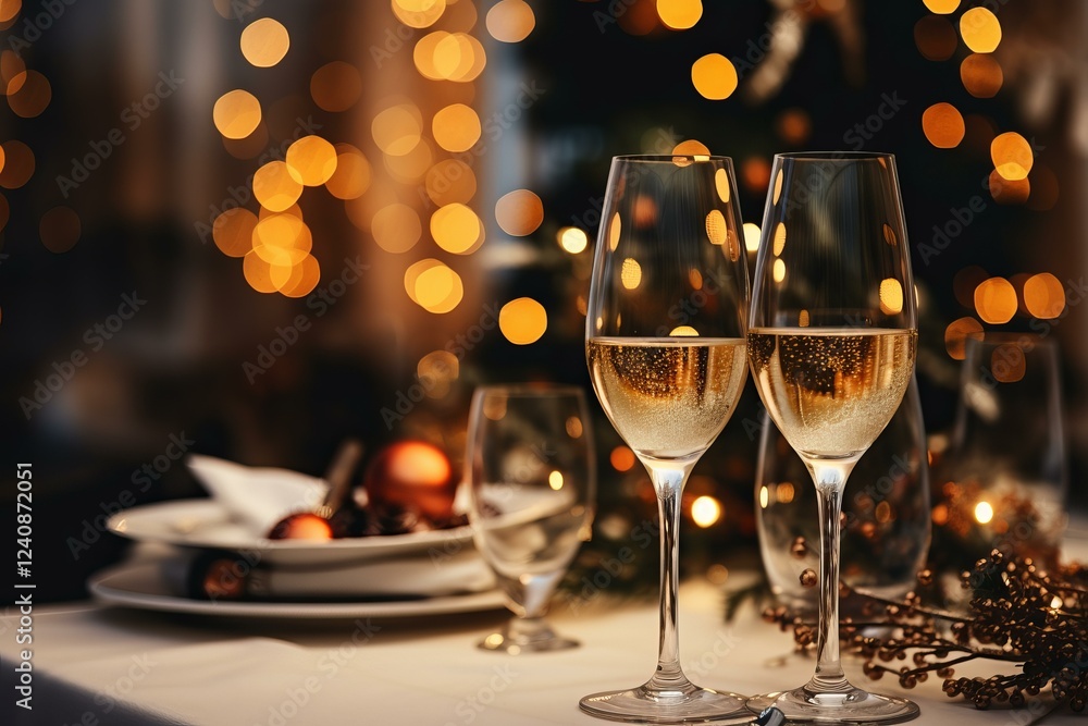 Christmas table is set with two champagne flutes, ready for a festive celebration with warm bokeh lights in the background Christmas table is set with two champagne flutes, ready for a festive celebration with warm bokeh lights in the background