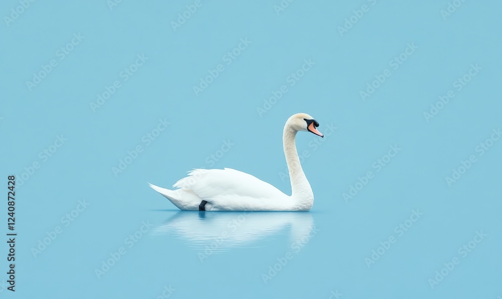 Fototapeta premium A beautiful white swan gracefully swims in the calm water on a blue background