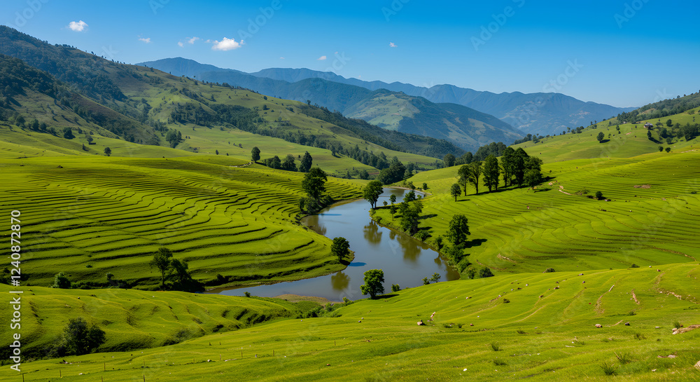 Obraz premium Serene Landscape: Picturesque River Winding Through Lush Green Rice Terraces and Majestic Mountains Under a Vivid Blue Sky