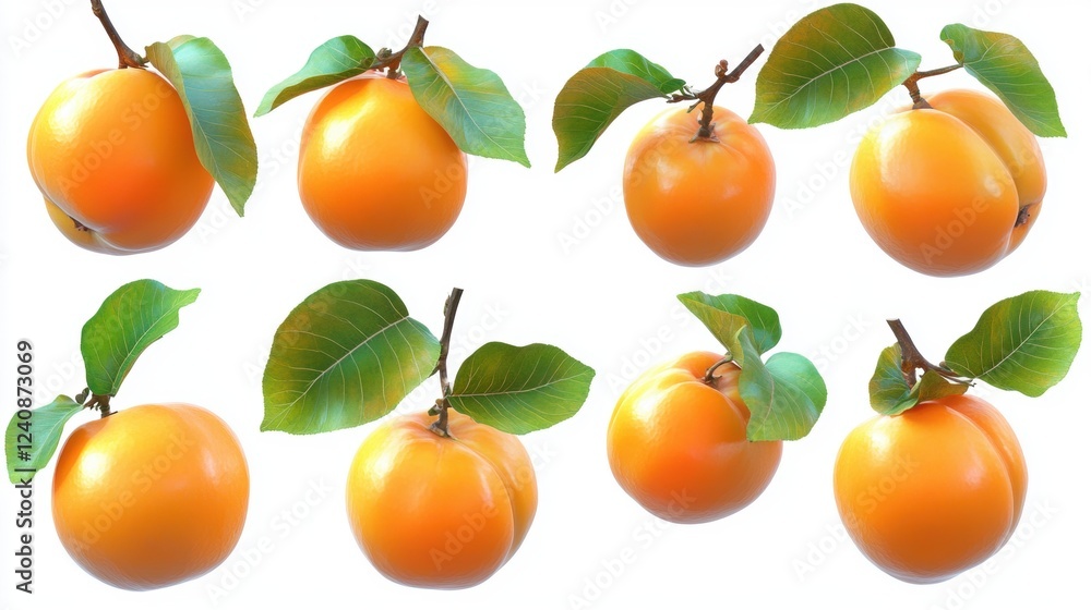 Fresh and Juicy Oranges with Green Leaves on a White Background Fresh and Juicy Oranges with Green Leaves on a White Background