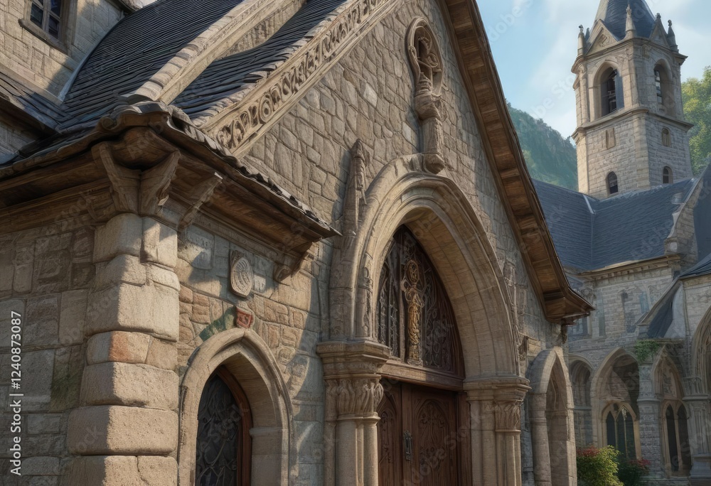 Obraz premium Village church with steep pitched roof and ornate stone carvings, mountain village, historic church