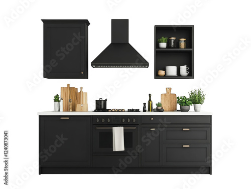 Sleek black cabinets and stainless steel stove in a modern kitchen design modern