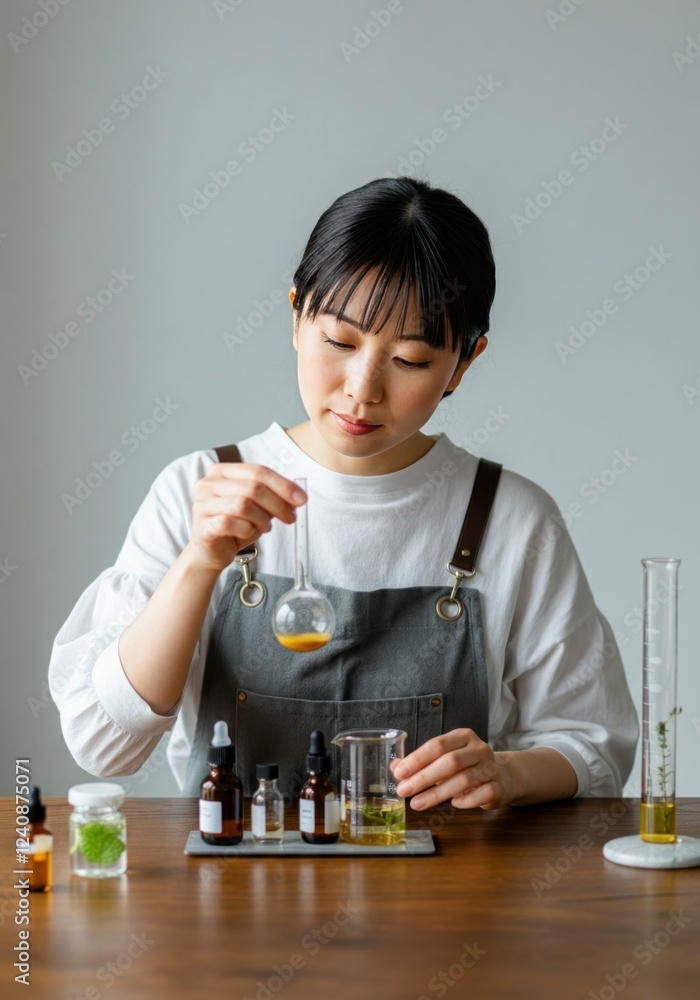 Asian female scientist in a sleek apron weighs ingredients for her organic skincare formula, focusing intently on precision Asian female scientist in a sleek apron weighs ingredients for her organic skincare formula, focusing intently on precision