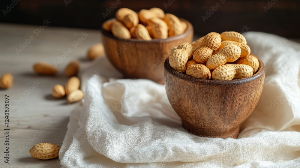 peanuts in wooden cups, elegantly placed on a cloth. peanuts in wooden cups, elegantly placed on a cloth.