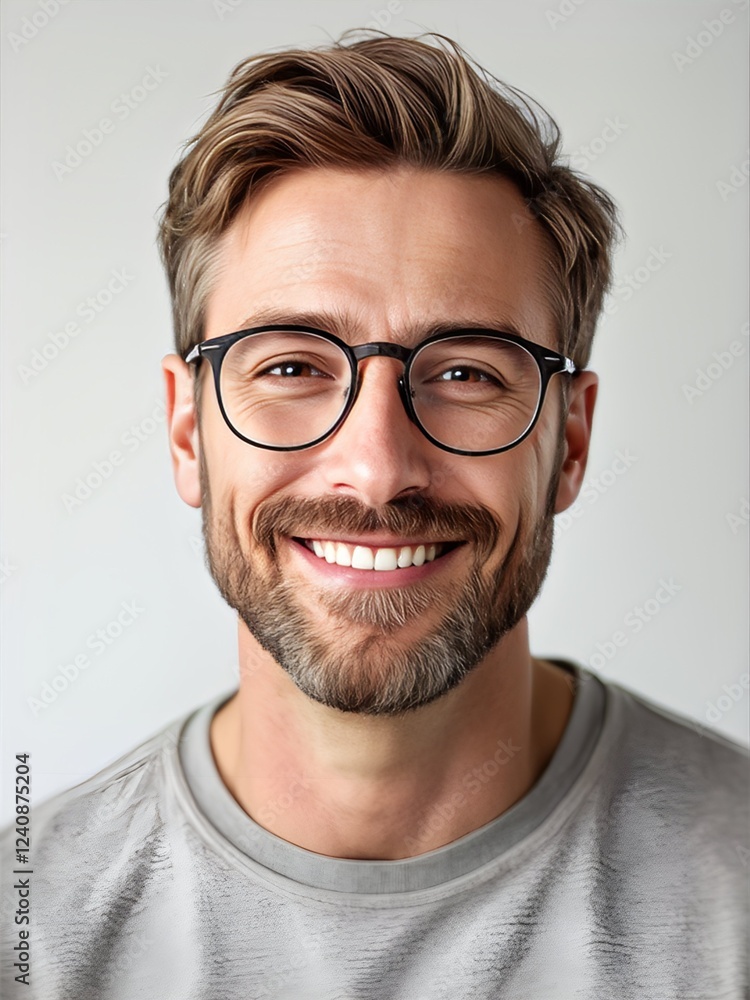 Smiling young man with glasses and short beard, wearing a casual gray t-shirt. Close-up portrait with a bright and friendly expression on a neutral background. Smiling young man with glasses and short beard, wearing a casual gray t-shirt. Close-up portrait with a bright and friendly expression on a neutral background.