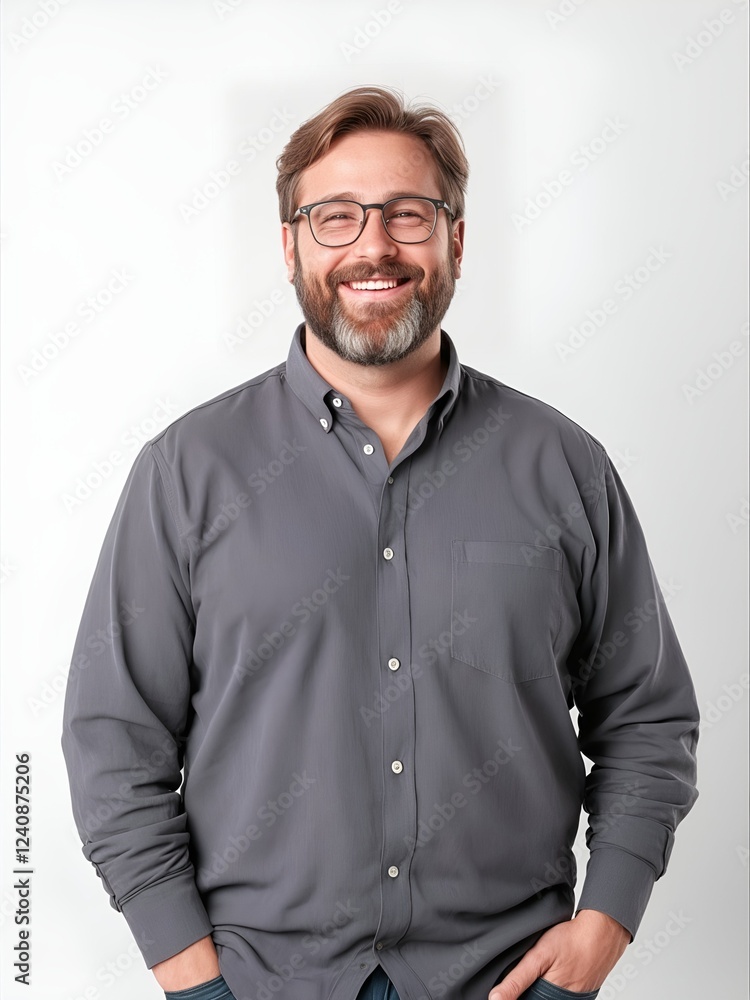 Portrait of a bearded man wearing glasses and a gray button-up shirt. Confident, approachable, and professional business look against a white background. Portrait of a bearded man wearing glasses and a gray button-up shirt. Confident, approachable, and professional business look against a white background.