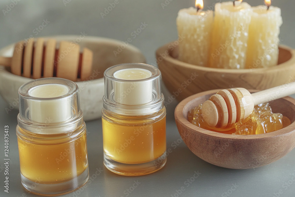 Natural honey products displayed on a table with wooden elements, candles, and honeycomb