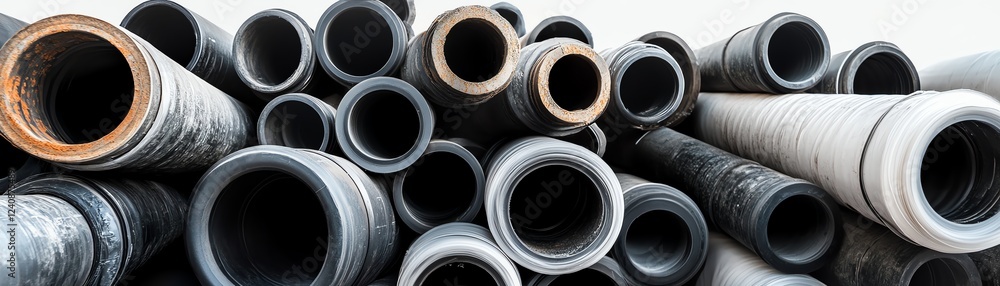 Stacked pipes showcasing various sizes and textures against a plain background. Stacked pipes showcasing various sizes and textures against a plain background.