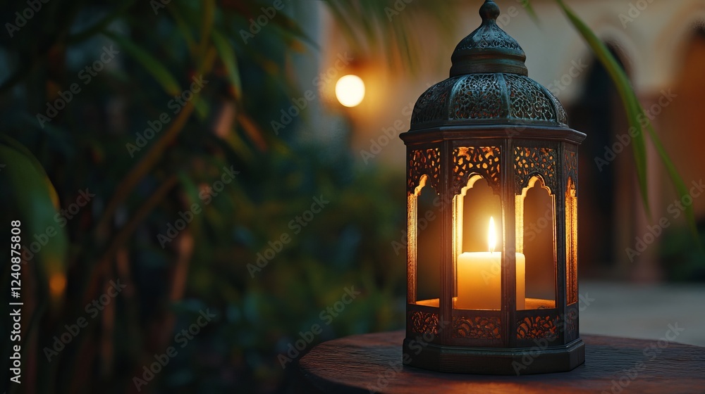A beautiful Arabic lantern with a lit candle shines at night. It's perfect for a Ramadan greeting card or invitation. A beautiful Arabic lantern with a lit candle shines at night. It's perfect for a Ramadan greeting card or invitation.