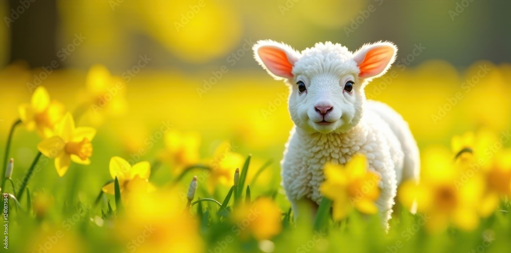 Fototapeta premium Playful lamb in a field of daffodils, vibrant yellow and white theme, illustration, banner design