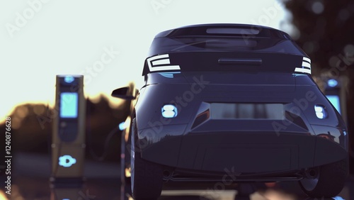 Electric car charging at a charging station. 3d illustration