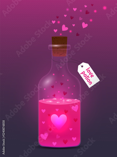 Magic love potion, glass bottle with magic potion with hearts