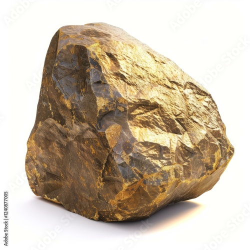 Brown boulder with rough texture resting on a white background, creating a stark contrast and highlighting the rock's ruggedness photo