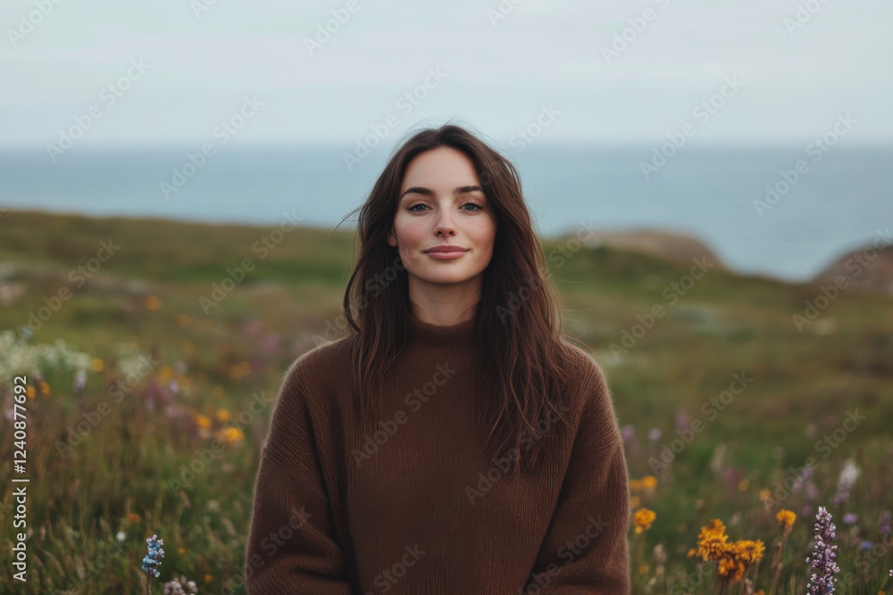 Young woman enjoying the scenic view of blooming meadow by the sea