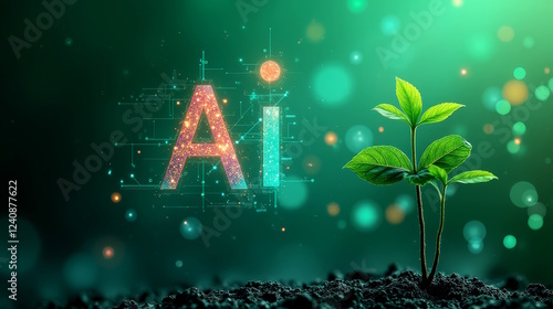 AI  text on green digital background with plants