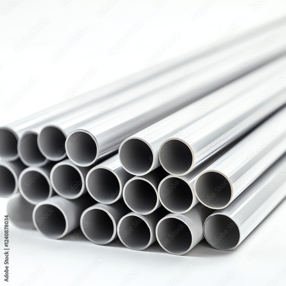 Stack of gray PVC pipes on a white background. Stack of gray PVC pipes on a white background.