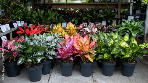 Colorful potted plants, garden center display, spring sale, outdoor background photo