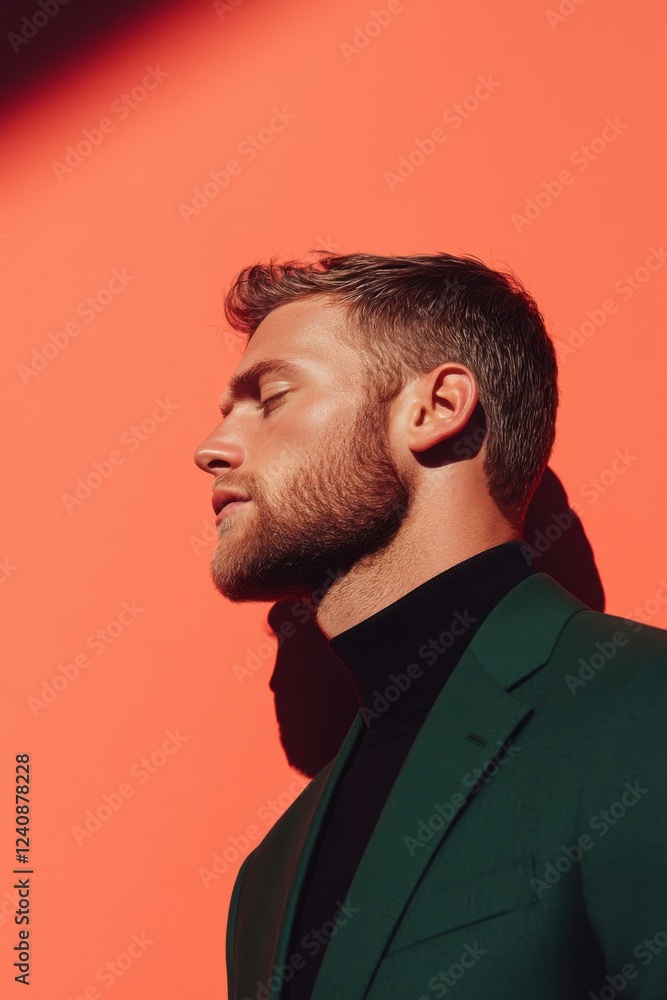 Obraz premium Businessman closing eyes, wearing green suit and black turtleneck, on orange background