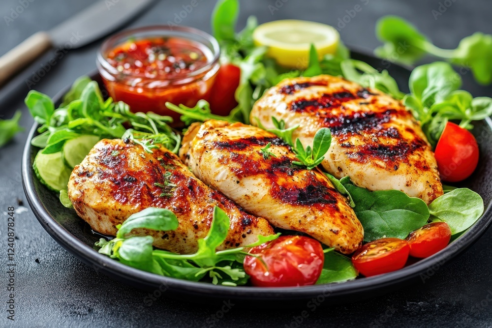 Grilled Chicken Breast with Fresh Vegetables and Sauce on Dark Plate, Perfect for Healthy Meals, Barbecues, and Gourmet Presentations Grilled Chicken Breast with Fresh Vegetables and Sauce on Dark Plate, Perfect for Healthy Meals, Barbecues, and Gourmet Presentations