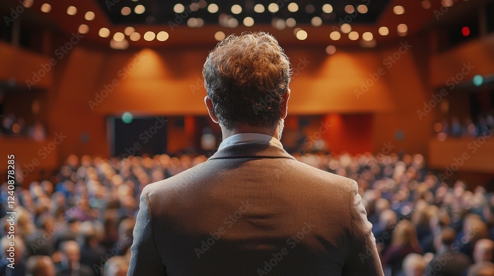 Fototapeta premium Speaker in Focus Addressing a Large Audience in a Conference Hall