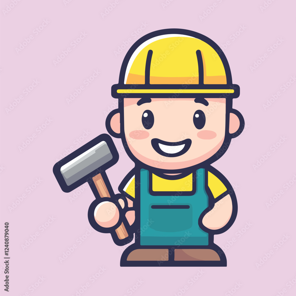 Friendly construction worker wearing a yellow hard hat and holding a hammer vector illustration Friendly construction worker wearing a yellow hard hat and holding a hammer vector illustration