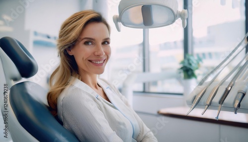 A smiling woman sits in a dental chair, radiating confidence and health in a bright, clean clinic. Dental care and hygiene concept  photo