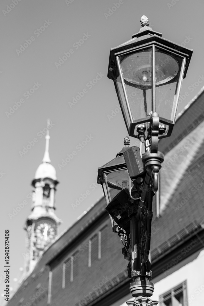 old street lamp with the old theatre from zwickau in the background vertical old street lamp with the old theatre from zwickau in the background vertical