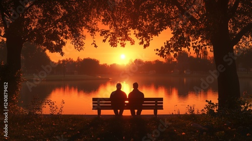 Two friends share a quiet moment on a park bench, watching the sun set over the calm waters of a lake