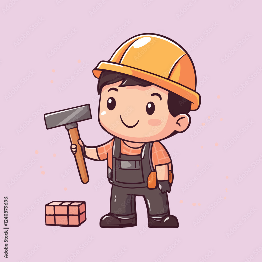 Friendly construction worker wearing a yellow hard hat and holding a hammer vector illustration Friendly construction worker wearing a yellow hard hat and holding a hammer vector illustration