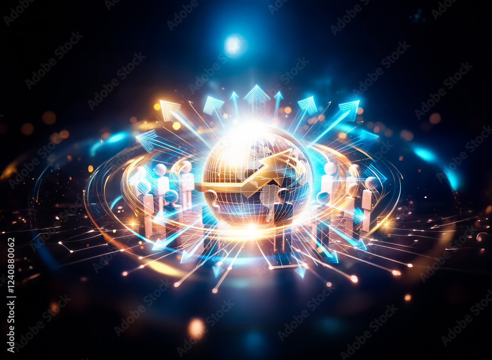 A glowing earth encircled by wooden figures, interconnected by lines of light, symbolizes global connection and networking in a dark, futuristic setting. A glowing earth encircled by wooden figures, interconnected by lines of light, symbolizes global connection and networking in a dark, futuristic setting.
