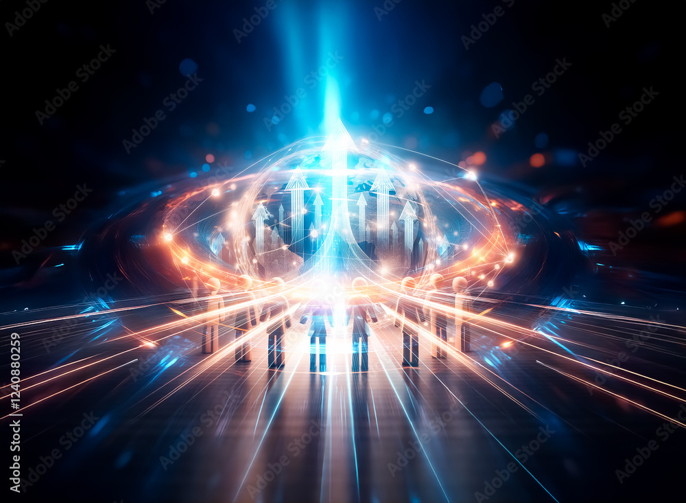 Obraz premium Global network, illuminated Earth encircled by interconnected figures symbolizing unity, collaboration, and worldwide communication. A scene of global connectivity and togetherness.