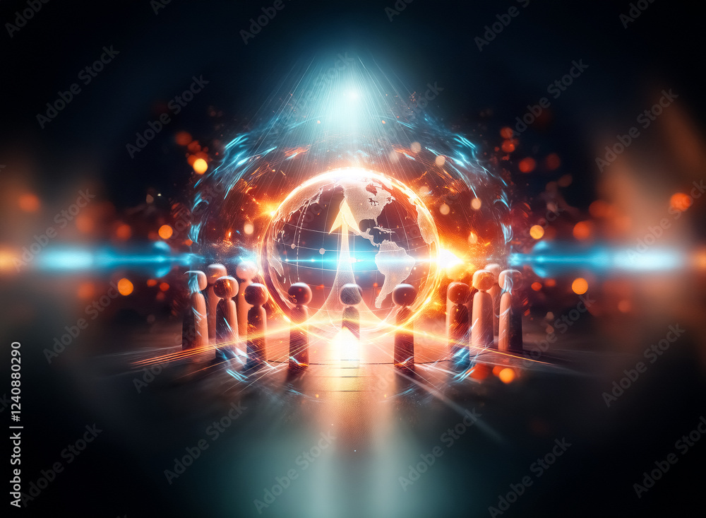 custom made wallpaper toronto digitalA glowing earth rests at the center of a circle of wooden figures, symbolizing global unity and connection under a divine light.