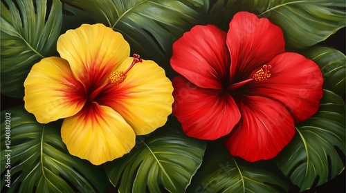 Wallpaper Mural A vibrant painting featuring yellow and red hibiscus flowers surrounded by lush green leaves, depicting tropical beauty. Torontodigital.ca