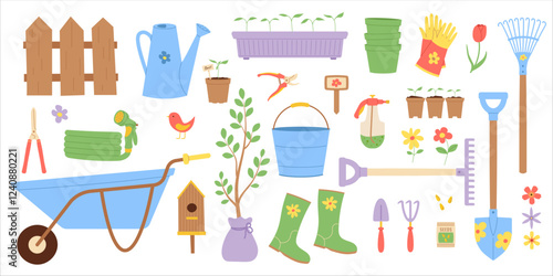 Set of gardening tools. Vector illustration for garden design, plant care guides, and seasonal agricultural projects
