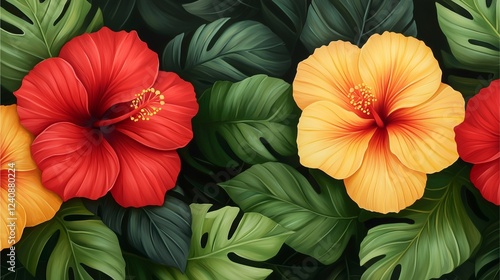 Wallpaper Mural A vibrant display of red and yellow hibiscus flowers surrounded by lush green leaves, creating a tropical and lively atmosphere. Torontodigital.ca