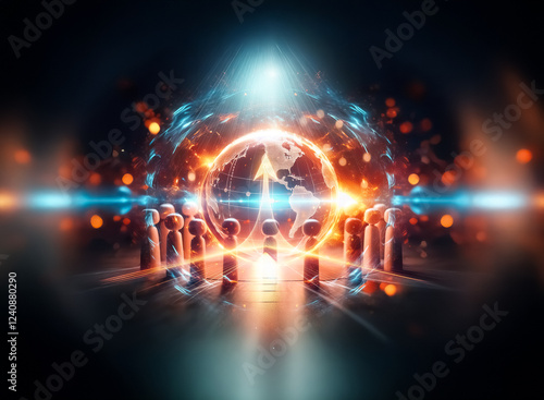 Wallpaper Mural A glowing earth rests at the center of a circle of wooden figures, symbolizing global unity and connection under a divine light. Torontodigital.ca