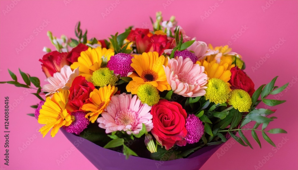 A bouquet of flowers on a pink background. Bouquet of multicolored flowers A bouquet of flowers on a pink background. Bouquet of multicolored flowers