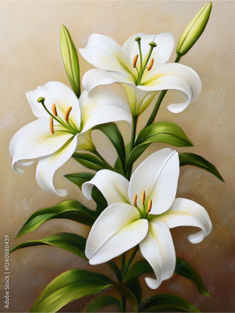 Obraz premium A beautiful painting of white lilies with green leaves, showcasing their elegance and delicate features against a soft beige background.