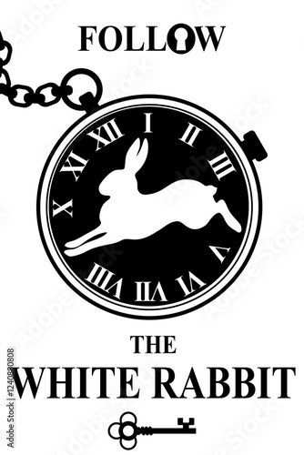 Vector postcard "Wonderland". A white rabbit runs inside a pocket watch on a white background. The inscription follow the white rabbit.