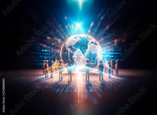 Wallpaper Mural A glowing orb representing Earth is surrounded by small figures forming a circle, symbolizing global unity and connection.  Light beams radiate outwards, creating a dramatic, hopeful scene. Torontodigital.ca