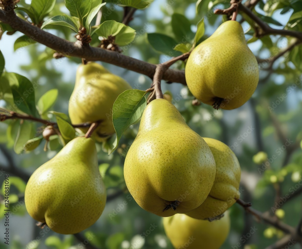 Up-close view of ripe pear fruit on tree surrounded by buds, ripening, organic farming, healthy eating Up-close view of ripe pear fruit on tree surrounded by buds, ripening, organic farming, healthy eating