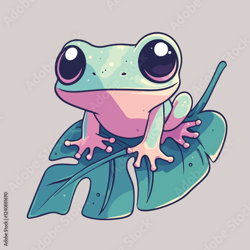 Cartoon frog with a bow sitting on a leaf vector illustration 