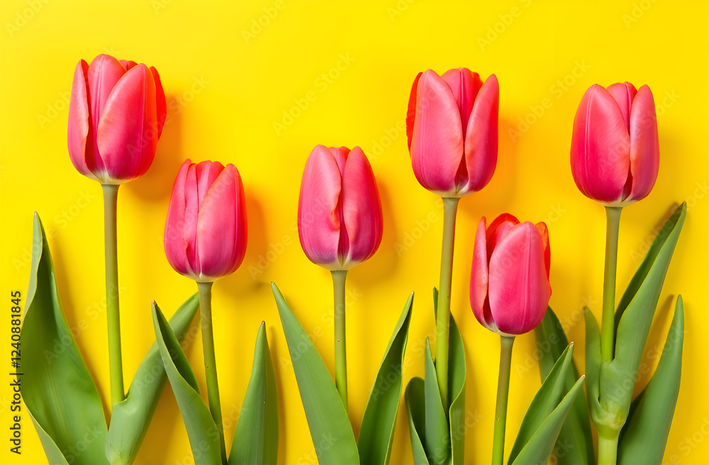 Tulips pattern. Tulips on the yellow background. Selective focus Tulips pattern. Tulips on the yellow background. Selective focus