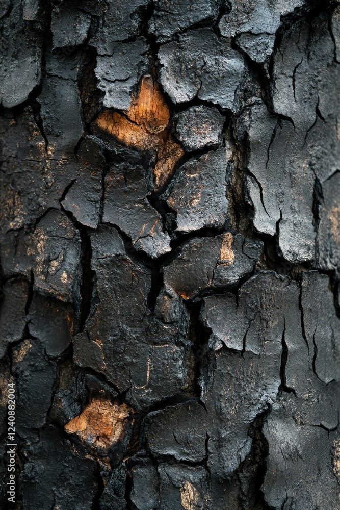 Charred tree bark shows deep cracks and darkened textures that remain after a destructive forest fire, highlighting the impact on natural landscapes and ecosystems.