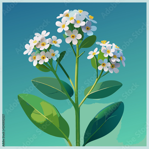 A digital illustration of a flowering plant with white blossoms and green leaves.