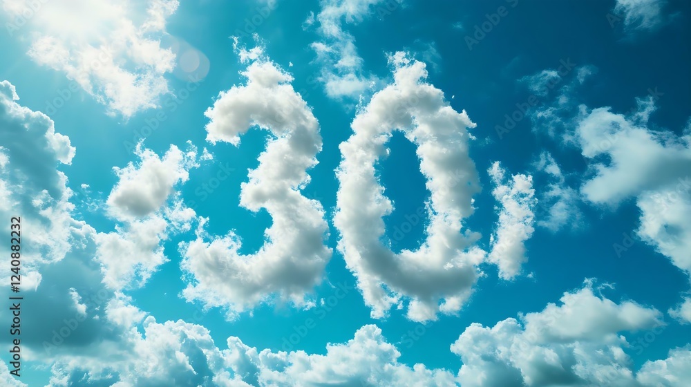 Beautiful blue sky with fluffy clouds forming the number 30, symbolizing age, celebration, or milestones. Perfect for birthdays or anniversaries. Beautiful blue sky with fluffy clouds forming the number 30, symbolizing age, celebration, or milestones. Perfect for birthdays or anniversaries.